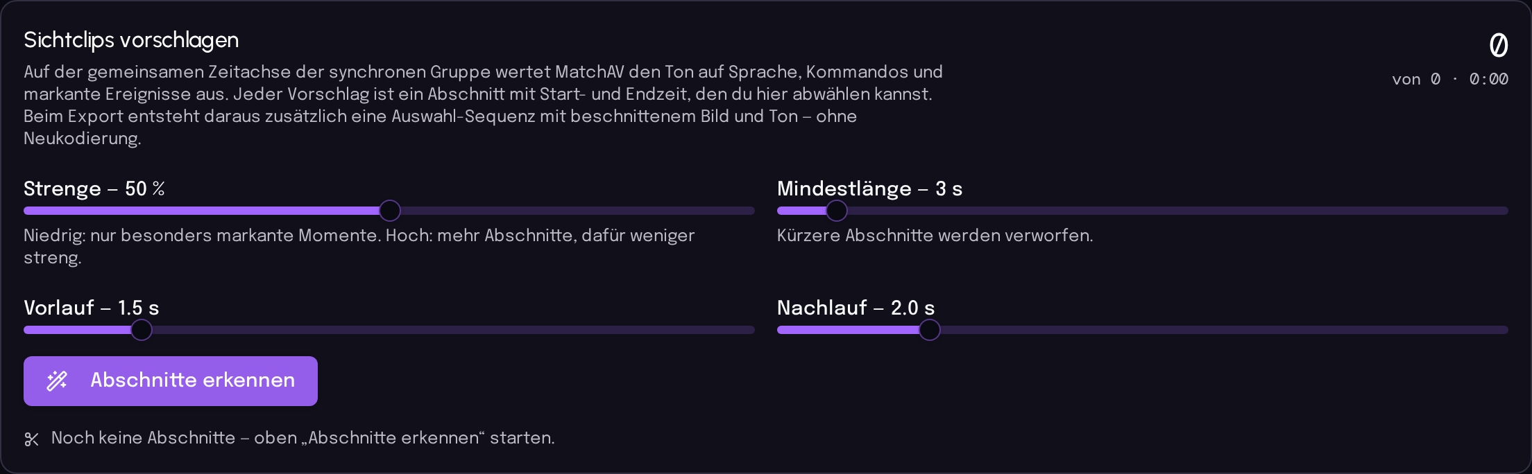 Einstellungen für automatische Sichtclip-Vorschläge in matchAV