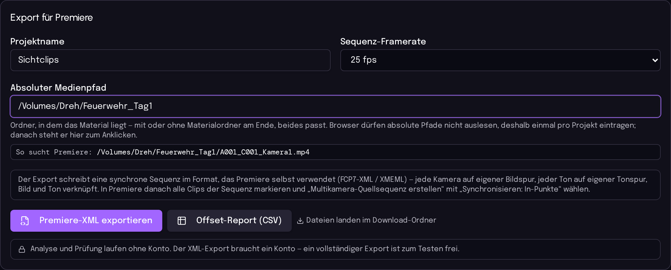 Exportbereich in matchAV mit Projektname, Framerate und Medienpfad