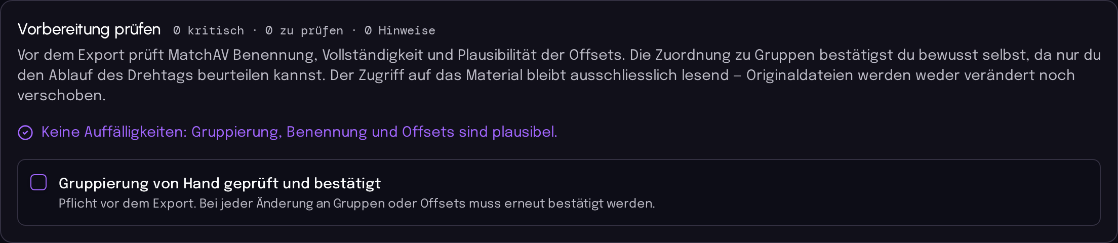 Prüfliste in matchAV vor dem Export